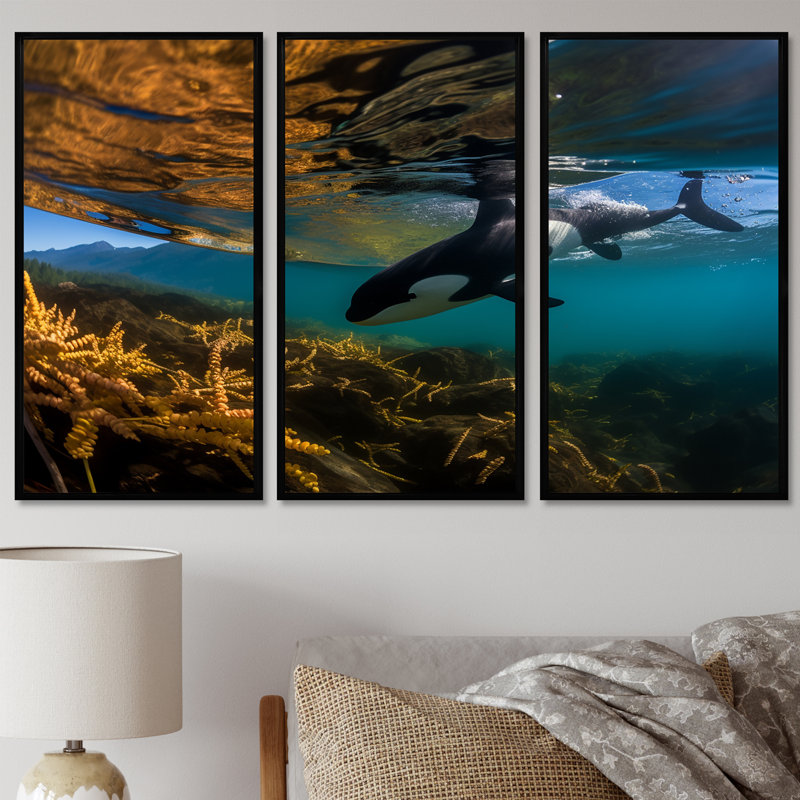 Orque nageant dans un lagon bleu - ensemble d'art mural animaux côtiers, Cadre flottant noir, H 28 po x l 36 po x P 1 po