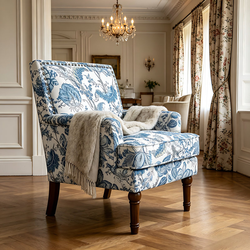 Chaise d'appoint rembourrée Modern Floral Styke, fauteuil confortable, fauteuil Mid-Century, avec pieds en bois massif, bleu