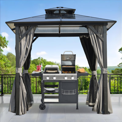 Pavillon de jardin grillagé en aluminium 8 pi x 8 pi avec double toit en polycarbonate gris pour l'extérieur