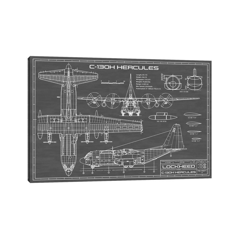 Avion C-130 Hercules | Noir - imprimé, H 8 po x l 12 po x P 0,75 po