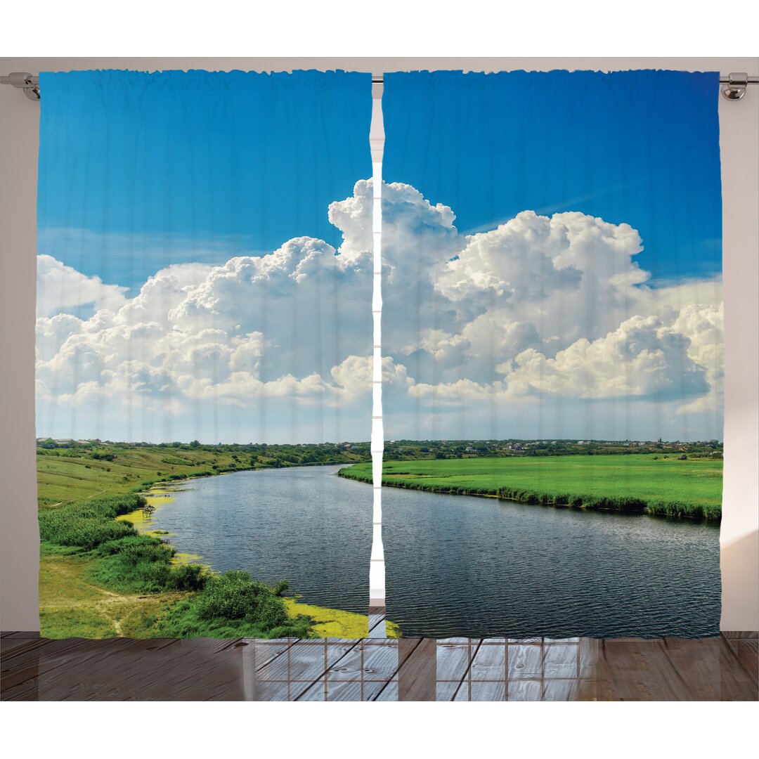 Rustikaler Vorhang, Wolken Fluss Meadows, Landschaft, Grün Weiß Blau