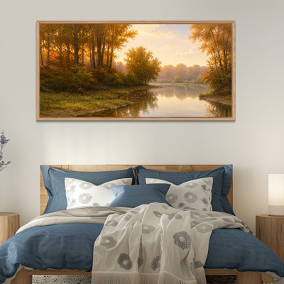 60"x30" Large Framed Wall Art – Autumn river lined with golden trees and reflections Canvas Print with Wood Frame, Ready to Hang