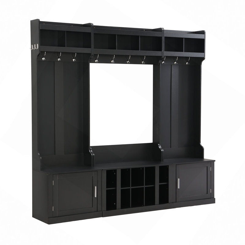 Arbre d'entrée large avec rangement et banc, banc d'entrée multifonctionnel 4-en-1 avec portemanteau et casiers à chaussures, mobilier pratique pour le couloir