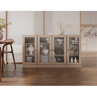 Buffet 100% bois massif 65 po avec portes en verre transparent et tablettes réglables