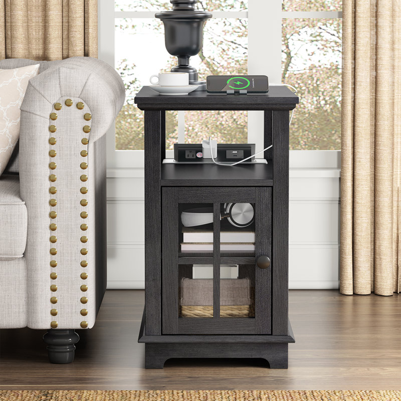 Boxley Tray Top End Table and Built-In Outlets, Dark Brown Top/Black Base