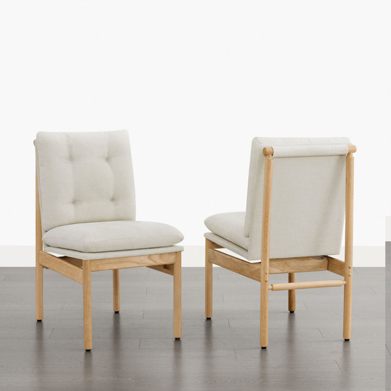 Chaise rembourrée en bois massif avec finition naturelle, Polyester de lin