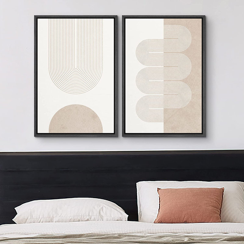 " Mid Century Modern Wall Art Pastel Tan White Geometric Wave Ribbons " 2 - Pieces, 36" H x 48" W, Black
