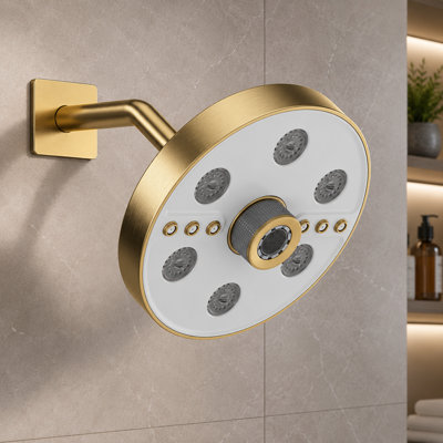 Fixed Shower Head, Filtered High Pressure Shower Head with 5 Spray Modes, Built-in Filter Cartridge, 360° Adjustable, Easy Installation, G1/2 Universal Connection, Brushed Gold