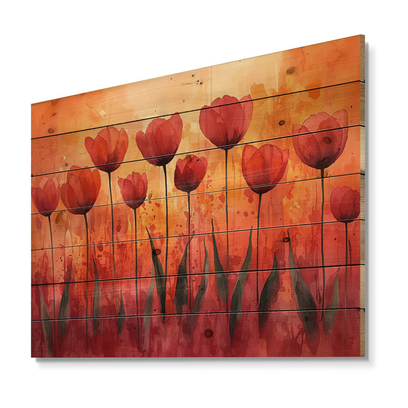 Sunset Hues Tulips Field Horizon II - Tulips Wood Wall Decor - On Natural Pine Wood, 10" H x 20" W x 0.78" D
