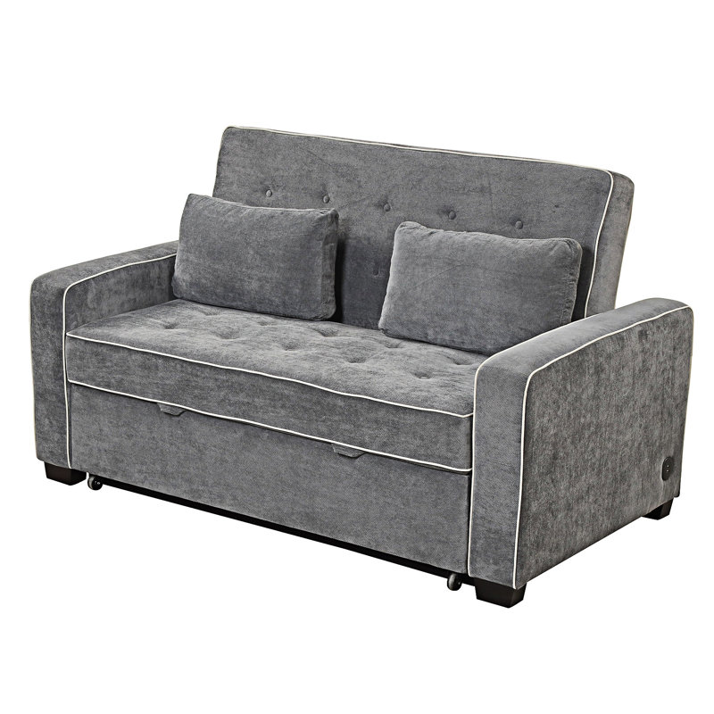 Upholstered Pull Out Sofa Bed With Throw Pillows, USB Charging Port And Adjustable Backrest, Charcoal Gray