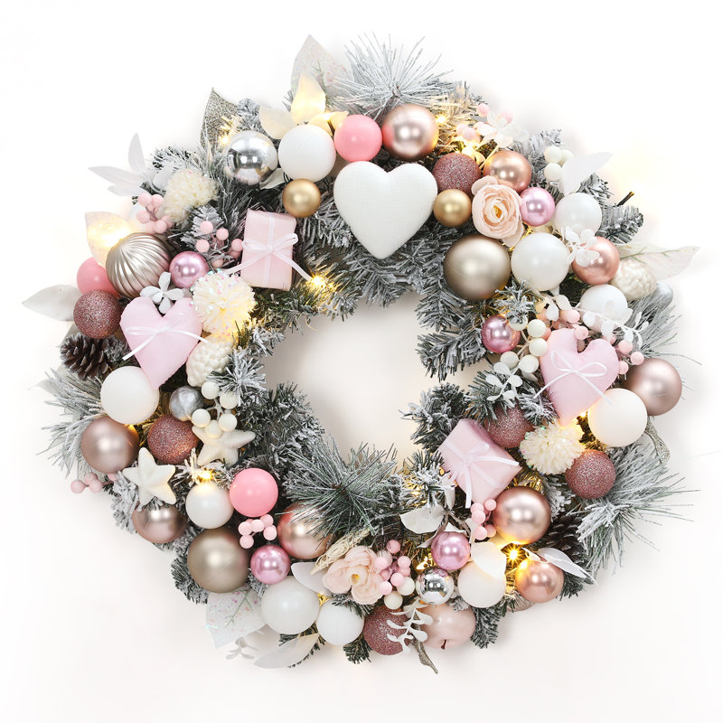 Couronne de Noël rose 24 pouces avec 20 lumières DEL, cœur à piles et boîte-cadeau