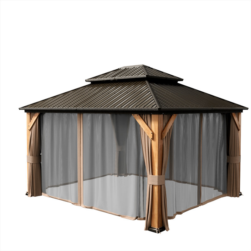 12 pi. X 14 pi Pavillon de jardin en bois de cèdre brun avec toit double en acier galvanisé, rideaux et filet