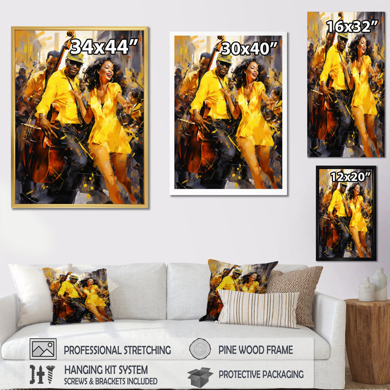 Yellow Jazz Dance Fusion - Art mural de danse, Cadre flottant doré, H 44 po x l 34 po x P 1,5 po