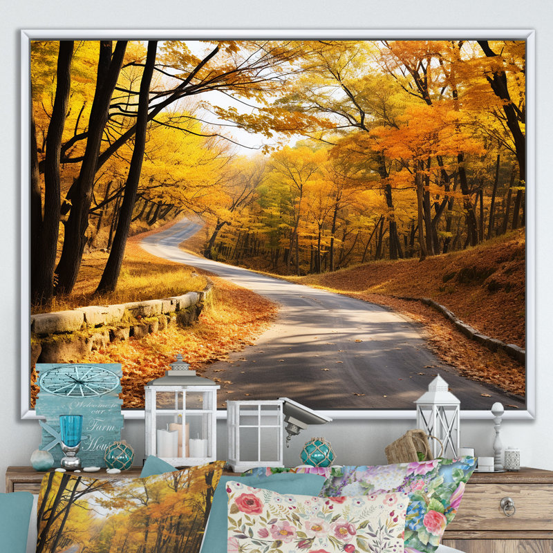 «Golden Autumn Road Into The Forest III» - art mural route, Cadre flottant blanc, H 30 po x l 40 po x P 1,5 po