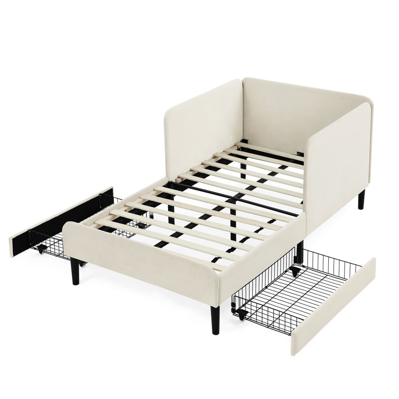 Lit simple ajustable beige avec 2 tiroirs de rangement, rembourré pour la chambre à coucher, conception moderne, confortable, lit en velours convertible en eucalyptus et de construction, structure douce et renforcée