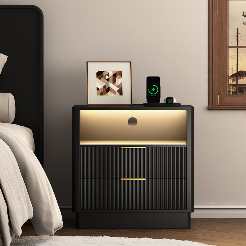 23.6" W 2 - Drawer Nightstand with Charging Station and LED Light, Black