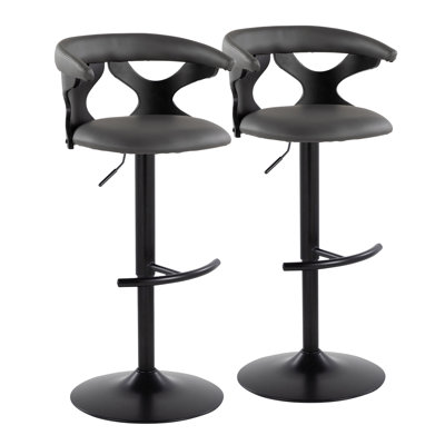 Tabouret de bar contemporain réglable avec pivot en bois noir, métal chromé et similicuir gris avec repose-pieds arrondi en T par - ensemble de 2
