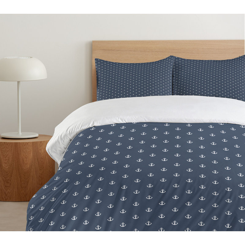 Navy Blue Nautical Anchor Pattern Queen Duvet Set