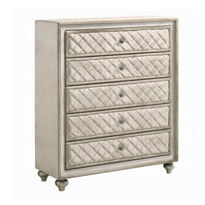Commode haute Willa, 5 tiroirs, faux cristal, velours beige touffeté