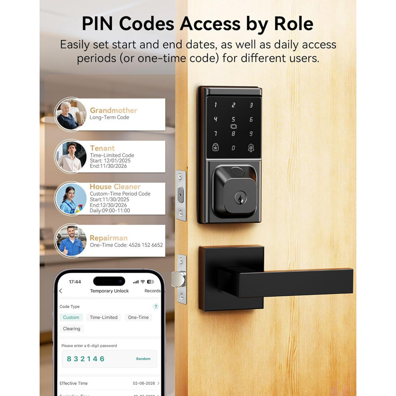 Serrure de porte d'entrée sans clé 5-en-1 avec poignée, empreinte digitale (0,3 s), contrôle de l'application Bluetooth, installation facile sans perceuse, verrouillage automatique, IP54 résistant aux intempéries, pour la porte d'entrée Airbnb