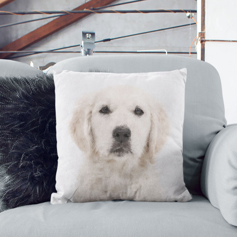 Golden Retriever Puppy Painting Cushion with Filling, White, 55cm H x 55cm W x 20cm D