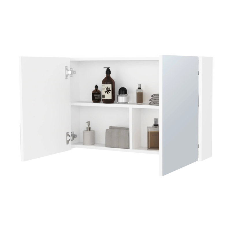 Armoire à pharmacie blanche avec 2 portes et miroirs, 3 tablettes internes pour le rangement de la salle de bain, portes à miroir Brilliance, style élégant