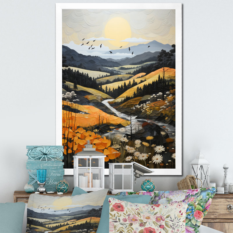 «Cartan Countryside Misty Morning Patchwork III», reproduction, H 44 po x l 34 po x P 1,5 po, Cadre photo blanc