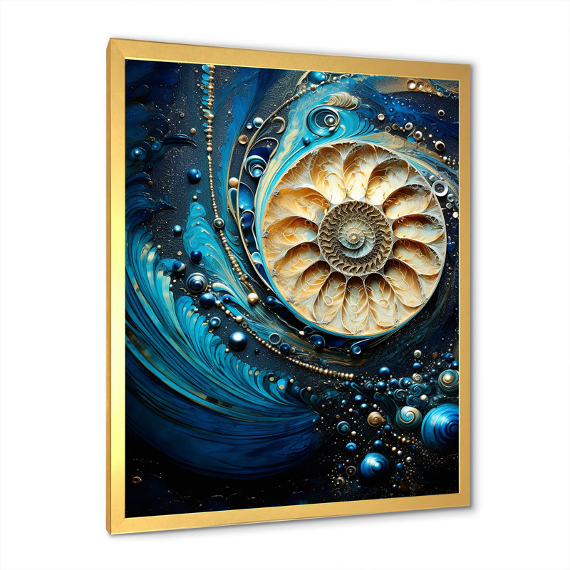 Nautilus, saphir, coquillages I sur toile, H 20 po x l 12 po x P 1 po, Cadre doré simple