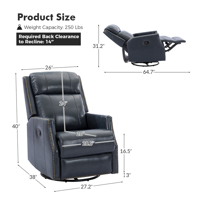 Elimelec Genuine Leather Manual Swivel Recliner, Navy