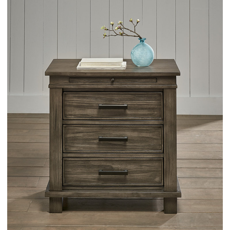 Remy 3-Drawer Nightstand with USB Charger and Pull-Out Beverage Tray, Grey