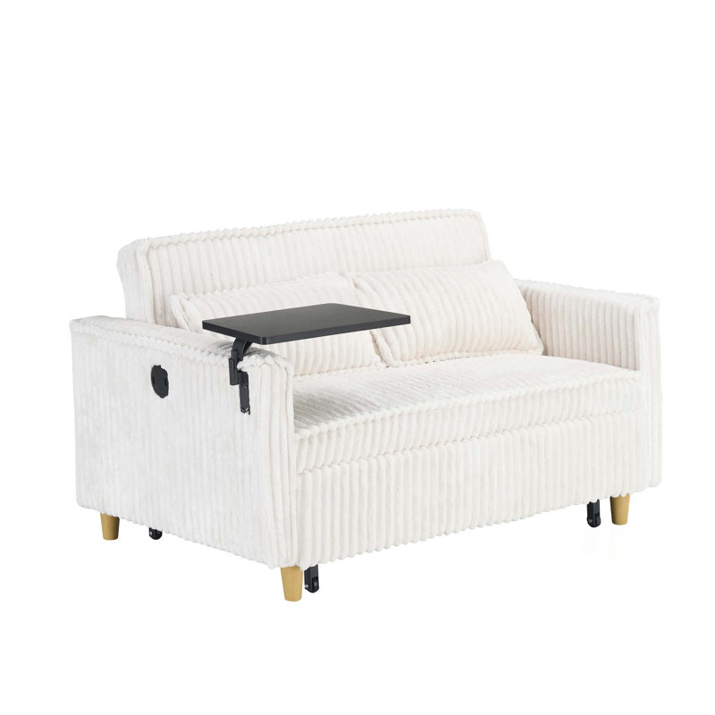 The pull-out and push-in corduroy sofa with dual functions, equipped with a movable tabletop and USB ports, is suitable for use in living rooms and bedrooms.