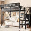 Lit mezzanine simple en métal avec escalier et tablettes de rangement, idéal pour les petites chambres, noir, capacité de charge de 250 lb