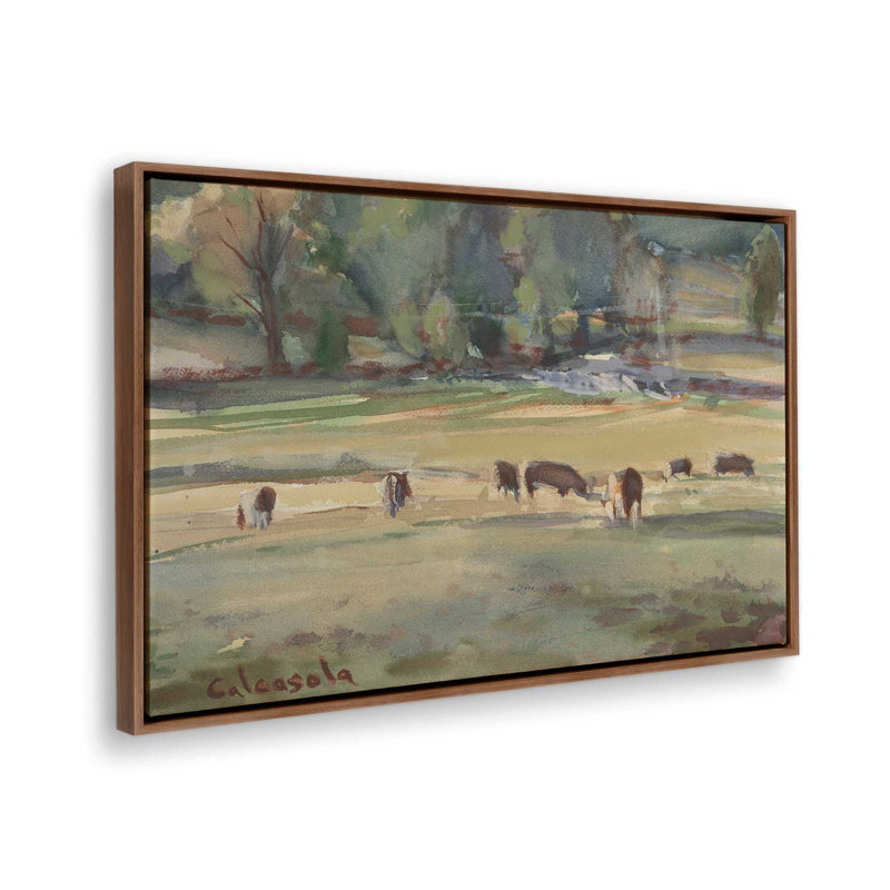 «Grazing Cows» par Stephen Calcasola, reproduction d'art sur toile, H 24 po x l 32 po, Brun