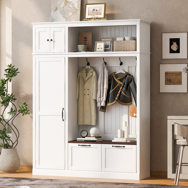 3-in-1 Hall Tree with Overhead Storage Cabinet, Side Shelves, Heavy-Duty Hooks, Spacious Drawers, Contrasting Seat Bench, Multifunctional Entryway Organizer
