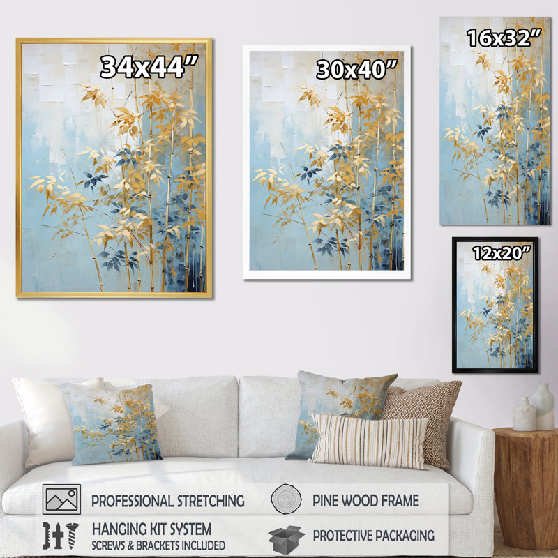 «Blue and Gold Bamboo Dance III», impressions sur toile de bambou_106588, H 32 po x l 24 po x P 1 po, Cadre photo noir