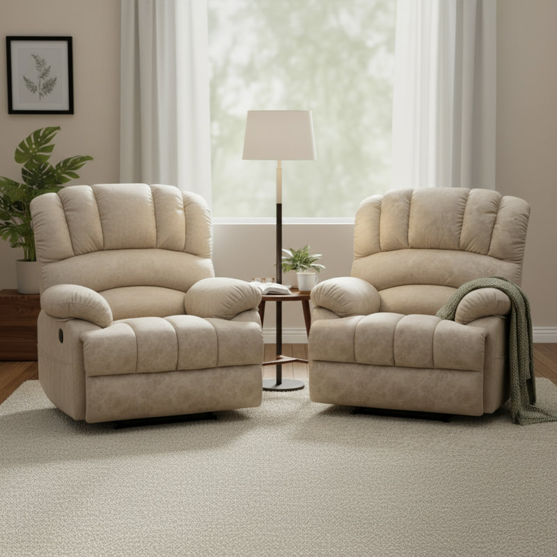 Large Manual Recliner Velvet Manual Recliner With Storage Pockets（Set Of 2), Beige