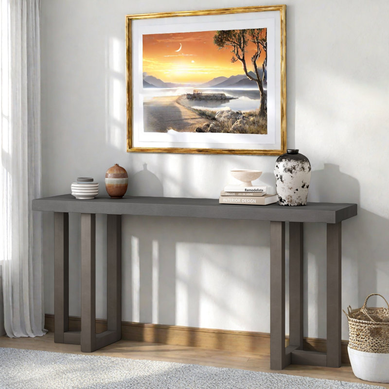 Console moderne avec motif géométrique et pieds en bois, Gris, Gris