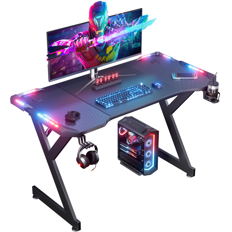 Black Gaming Desk with LED Lights, Computer Gaming Table for Home Office, 74cm H x 120cm W x 60cm D