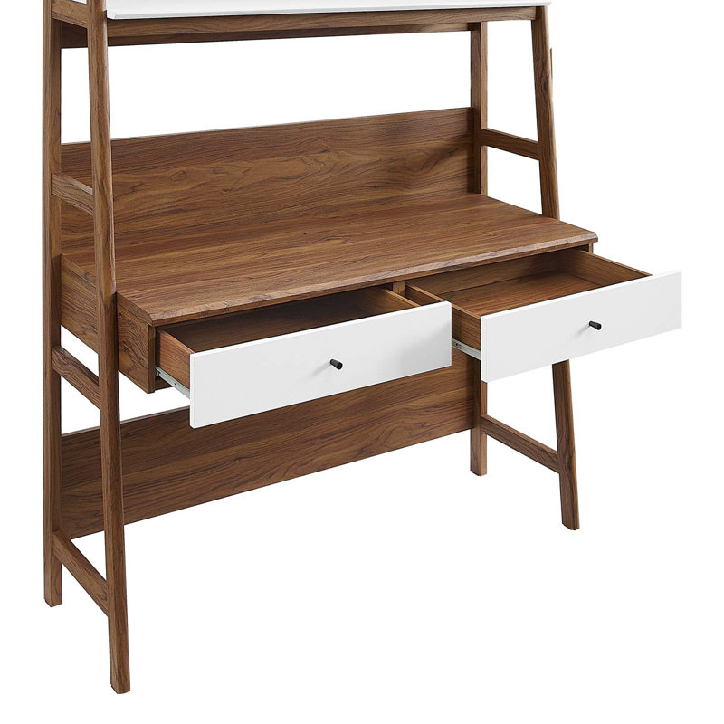 Walnut White Wood Office Desk with Bookshelf and Drawer