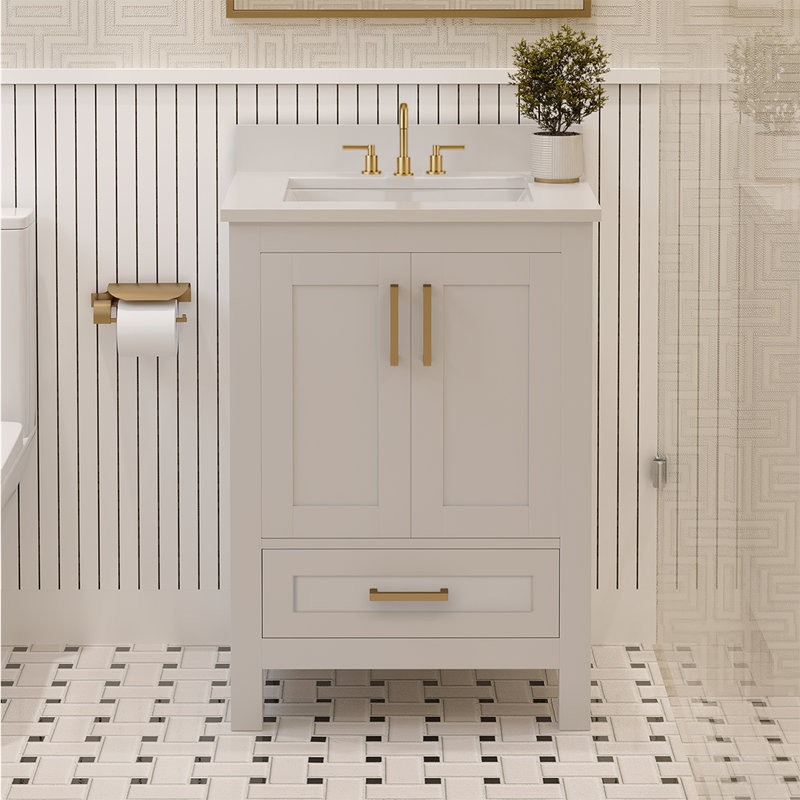 Meuble-lavabo en bois massif avec lavabo Orbison, 3 trous de robinet pré-percés, 2 portes à fermeture douce, 7 tiroirs à pleine extension