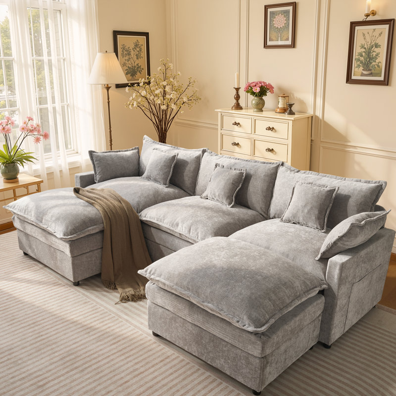 Canapé modulaire en forme de L avec 2 repose-pieds Luxury, Gris