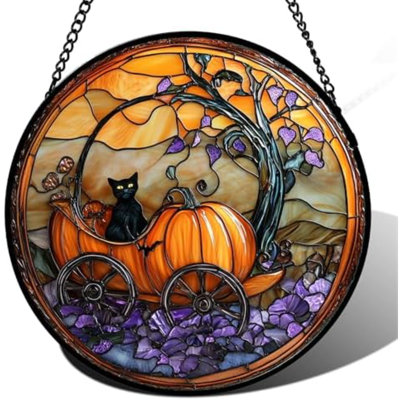Stained Glass Window Hanging - Halloween Pumpkin Carriage Black Cat Suncatcher For Doors Window Garden Spooky Sun Catchers Gothic Decor Horror Gifts For Women Men Friend Boy Girl 6.3 In