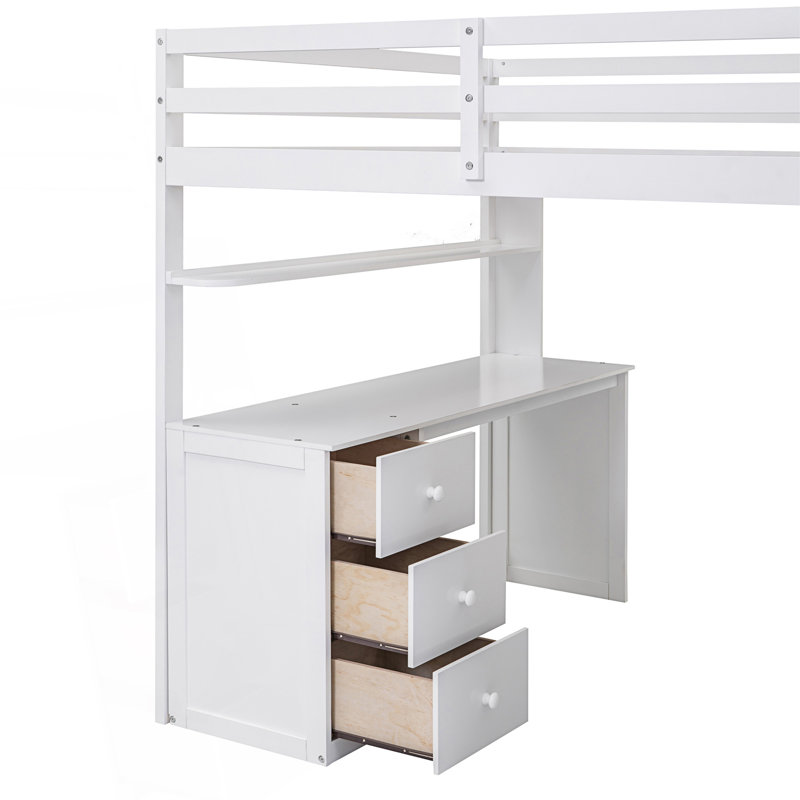 Lit mezzanine avec tiroirs, bureau et garde-robe, Blanc, Double