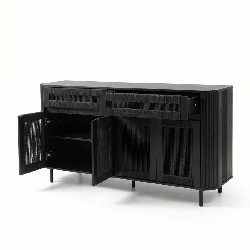 Cord Sideboard with 2-Drawer, 4 Doors and Shelves for Living Room, Kitchen, or Entryway, Black