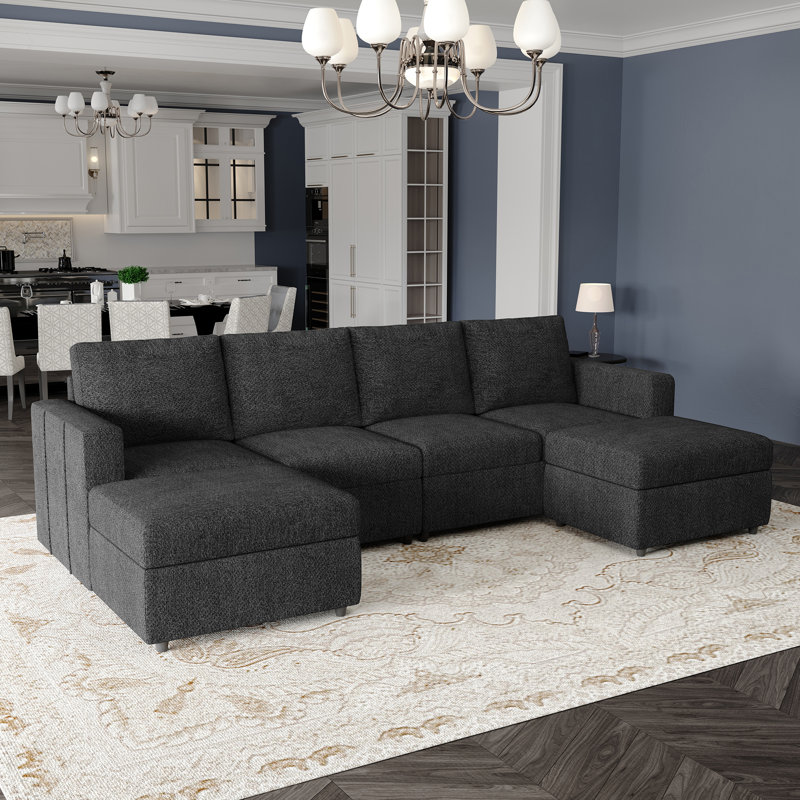 Canapé modulaire rembourré avec rangement Rafael, Chenille grise foncée