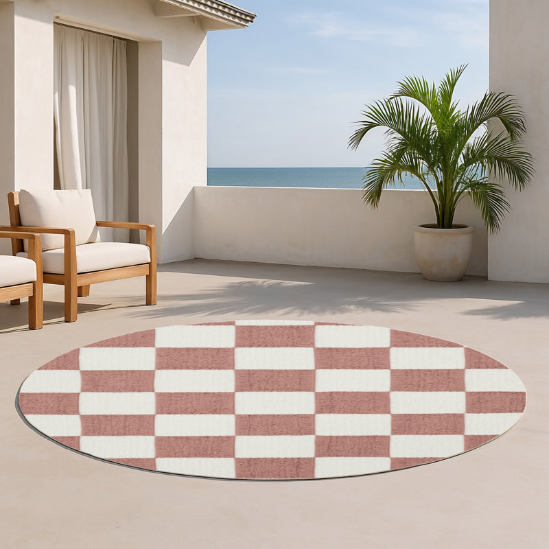 Tapis intérieur / extérieur blanc à carreaux, Rond 5 pi