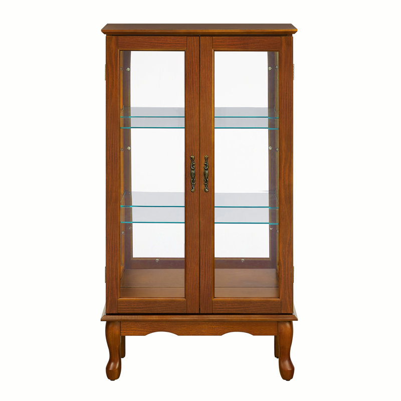 Cabinet Curio avec tablettes réglables, panneau arrière en miroir et portes en verre trempé, Chêne