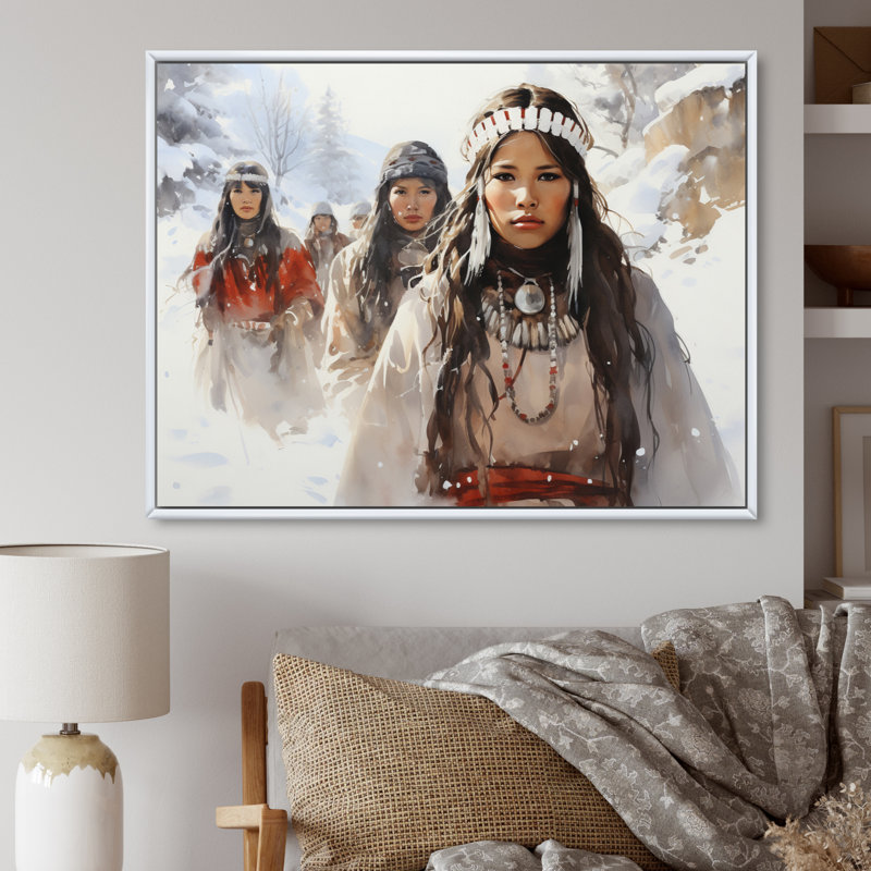 " Native Art Winters Dream Portrait ", H 16 po x l 32 po x P 1 po, Cadre flottant blanc