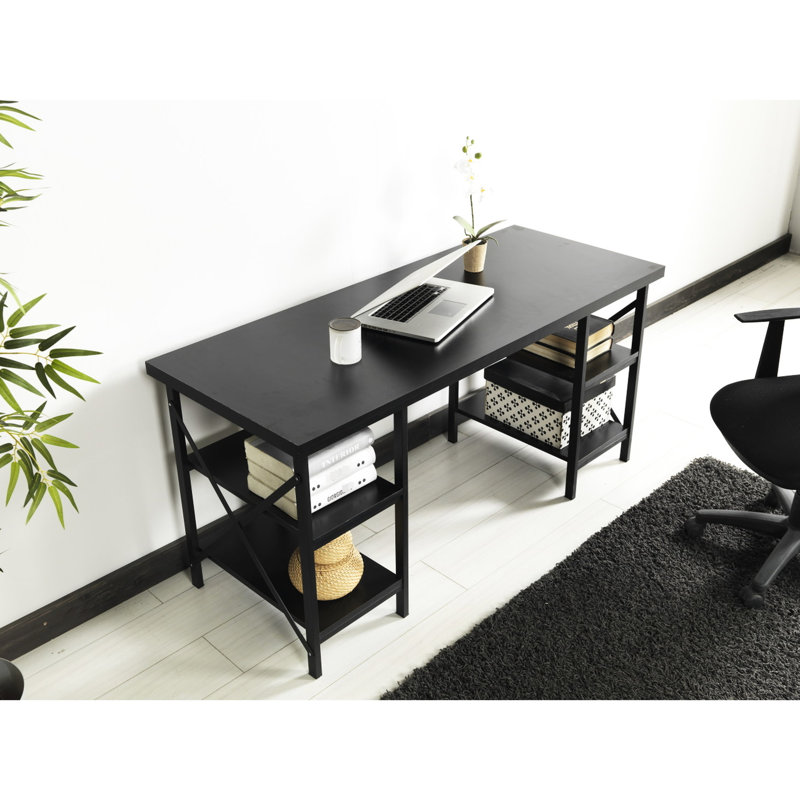 Bureau de 60 po de largeur pour le bureau personnel, 4 tablettes avec plateau en bois massif et support en métal noir
