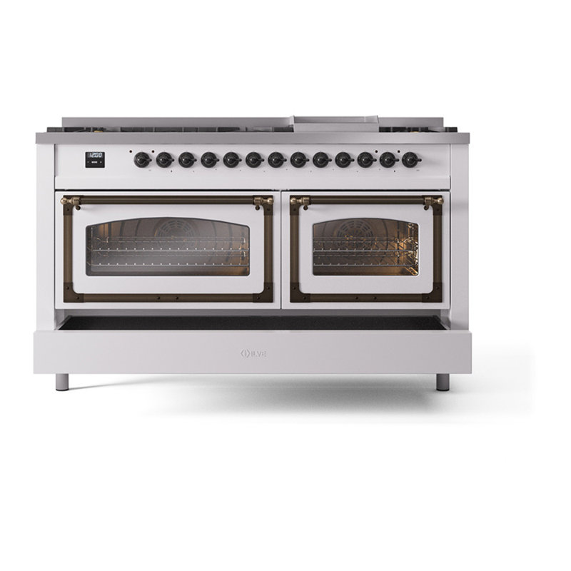 Cuisinière à double combustible ILVE Nostalgie II Series 60 po avec 9 brûleurs scellés, plaque de cuisson (propane liquide, porte vitrée)
